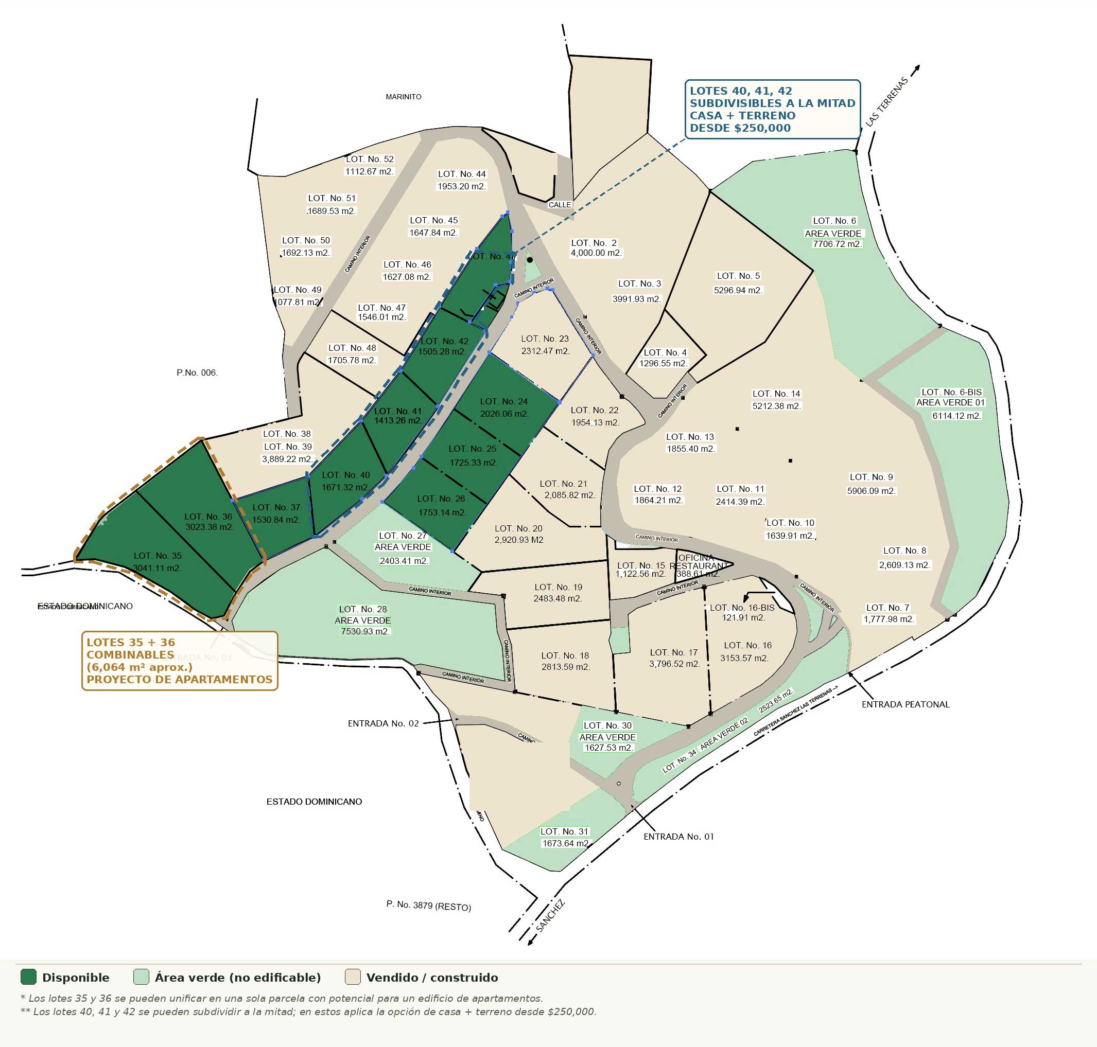 Plano de disponibilidad del residencial Bellavista: lotes disponibles en verde oscuro, áreas verdes en verde claro, lotes vendidos en tono arena