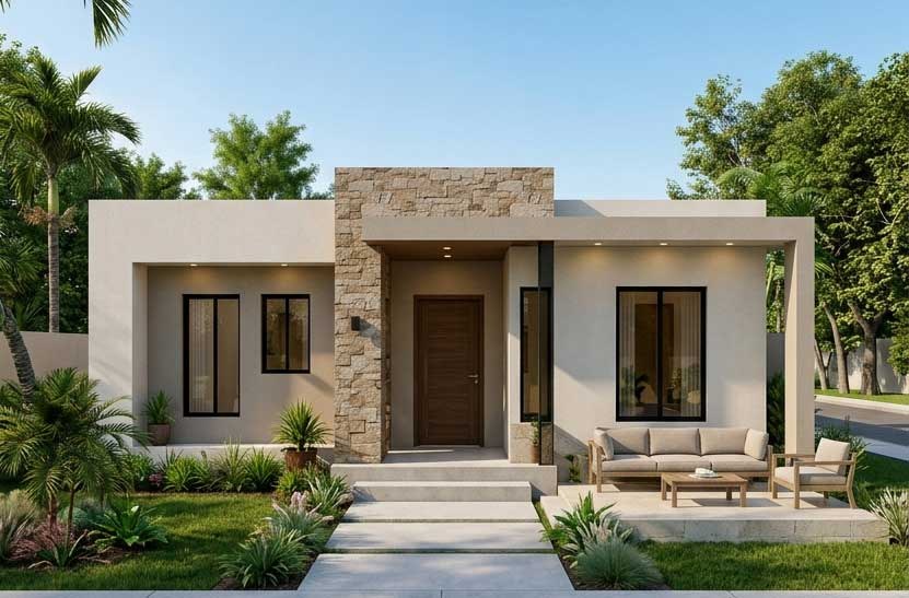 Fachada de la villa modelo Bellavista, diseño moderno con acabados en piedra natural