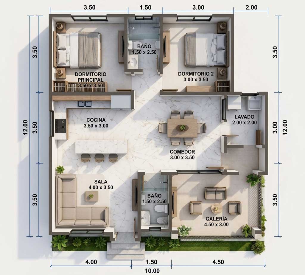 Plano de distribución de la villa: 120 m² de construcción, 2 dormitorios y 2 baños